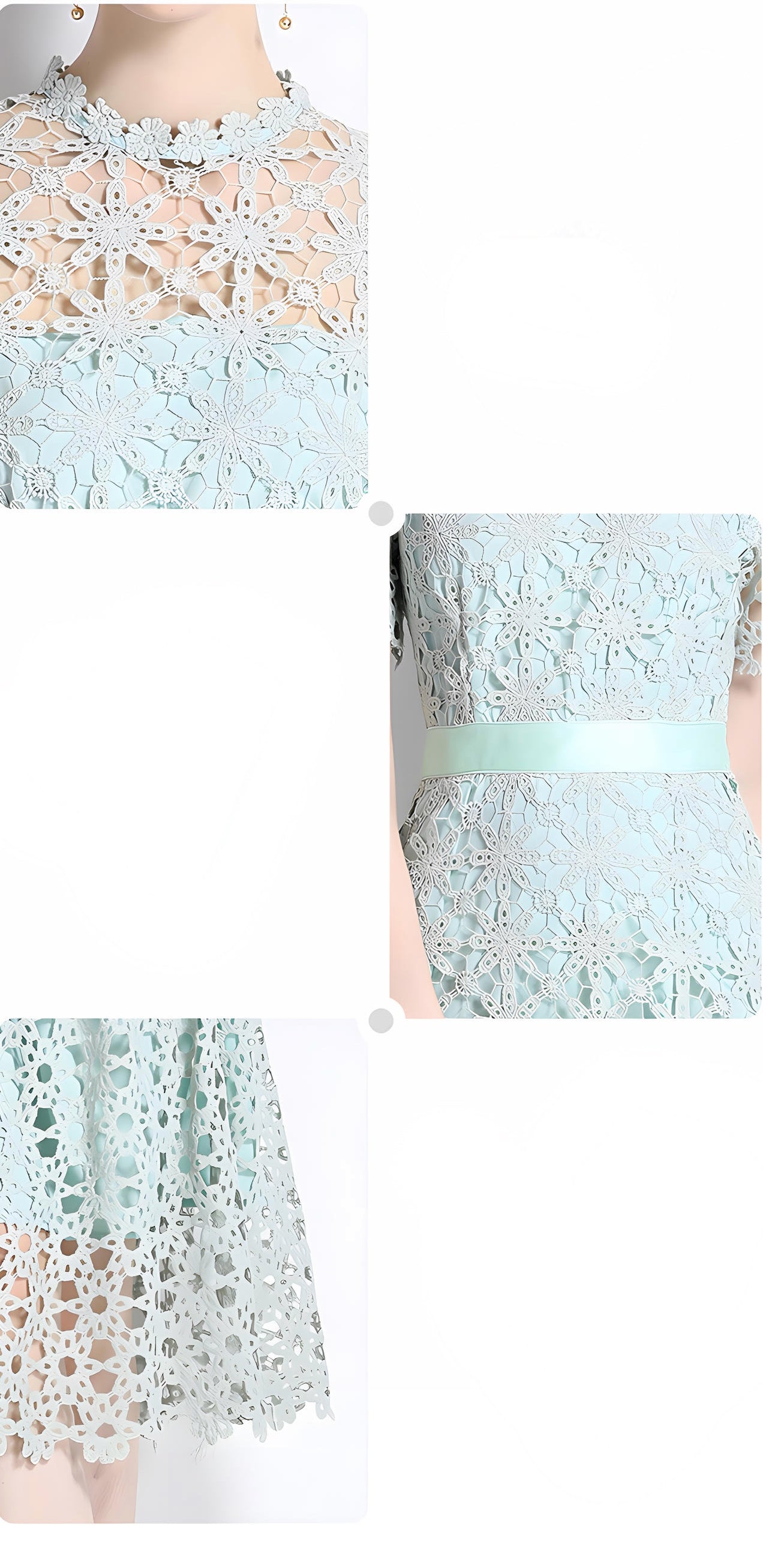 French Crocheted Lace Round Neck A - Line Aqua Green Dress - 332#609