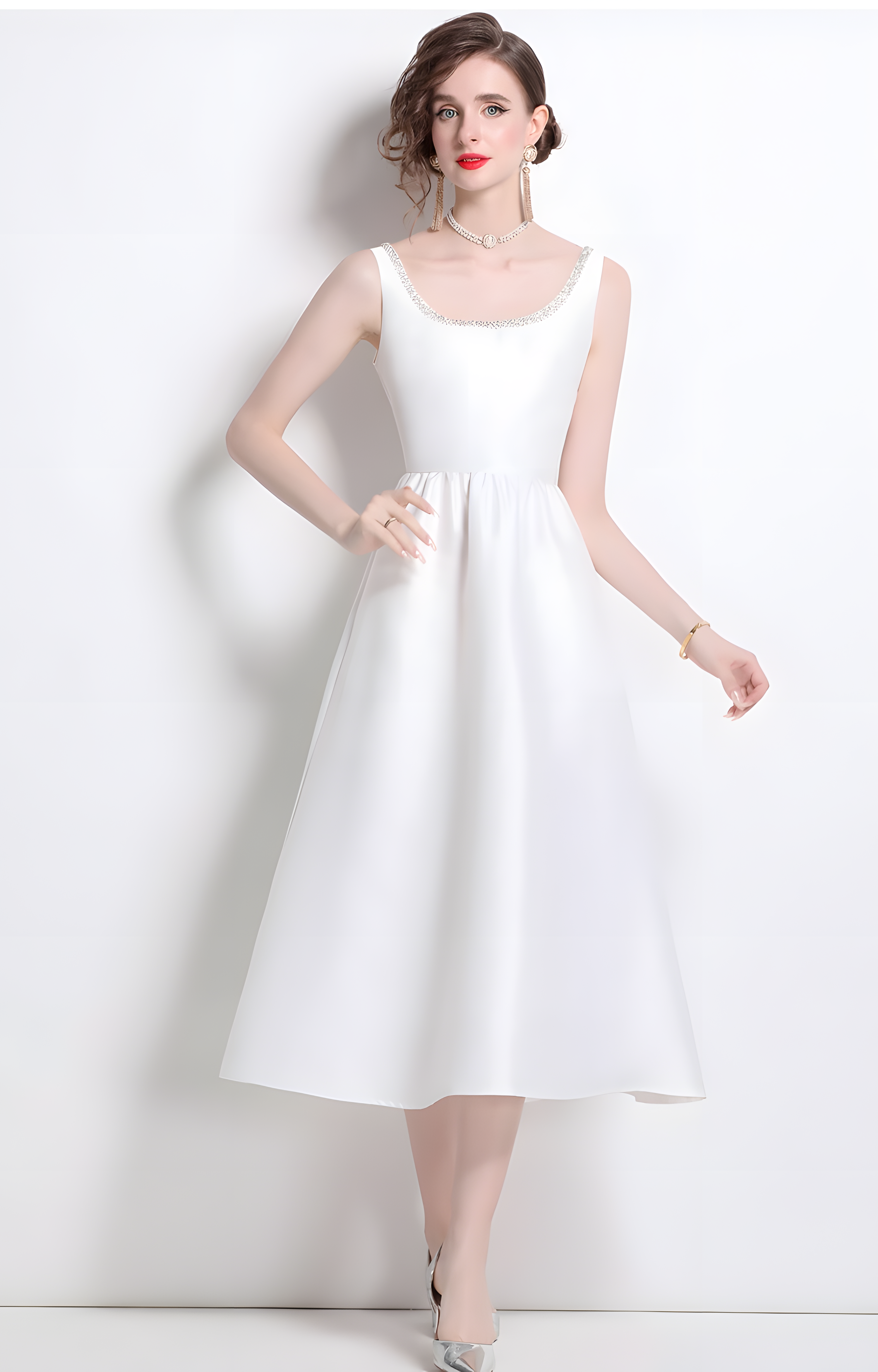 Fitted Vest Armhole Dart White Satin Dress With Jewel Embellished Neckline - 817042148843_BAS
