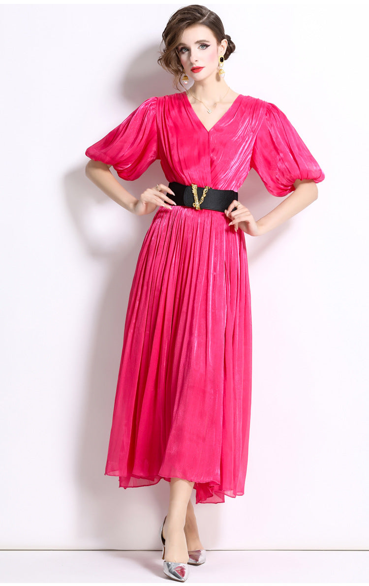 Glossy Pearlescent Chiffon Satin Fabric Lantern Sleeve Rose Red Dress with Belt - 826597659866_BAS
