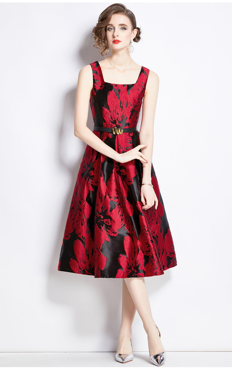 Women Sleeveless Square Neck Self Texture Jacquard Pleated Fitted Dress - 764053260724 (EOSS)