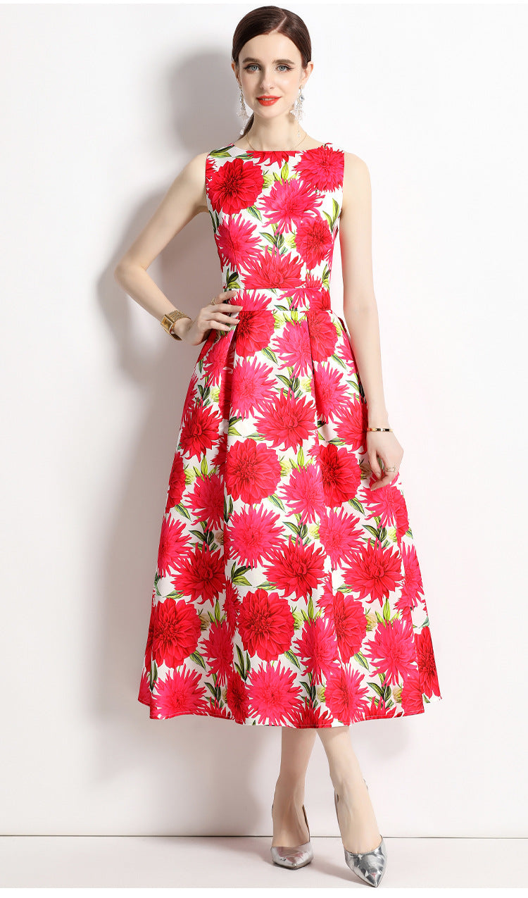 Sleeveless Boat Neck Fitted Vest Box Pleated Skirt Printed Satin Dress - 9006#701_BAS