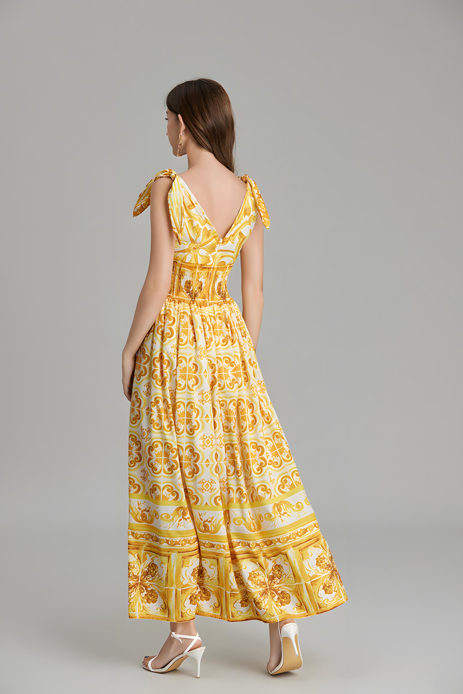 Celadon Print V-Neck Blue A Line Long Dress With Elasticated Wait - 815251322071_YEL