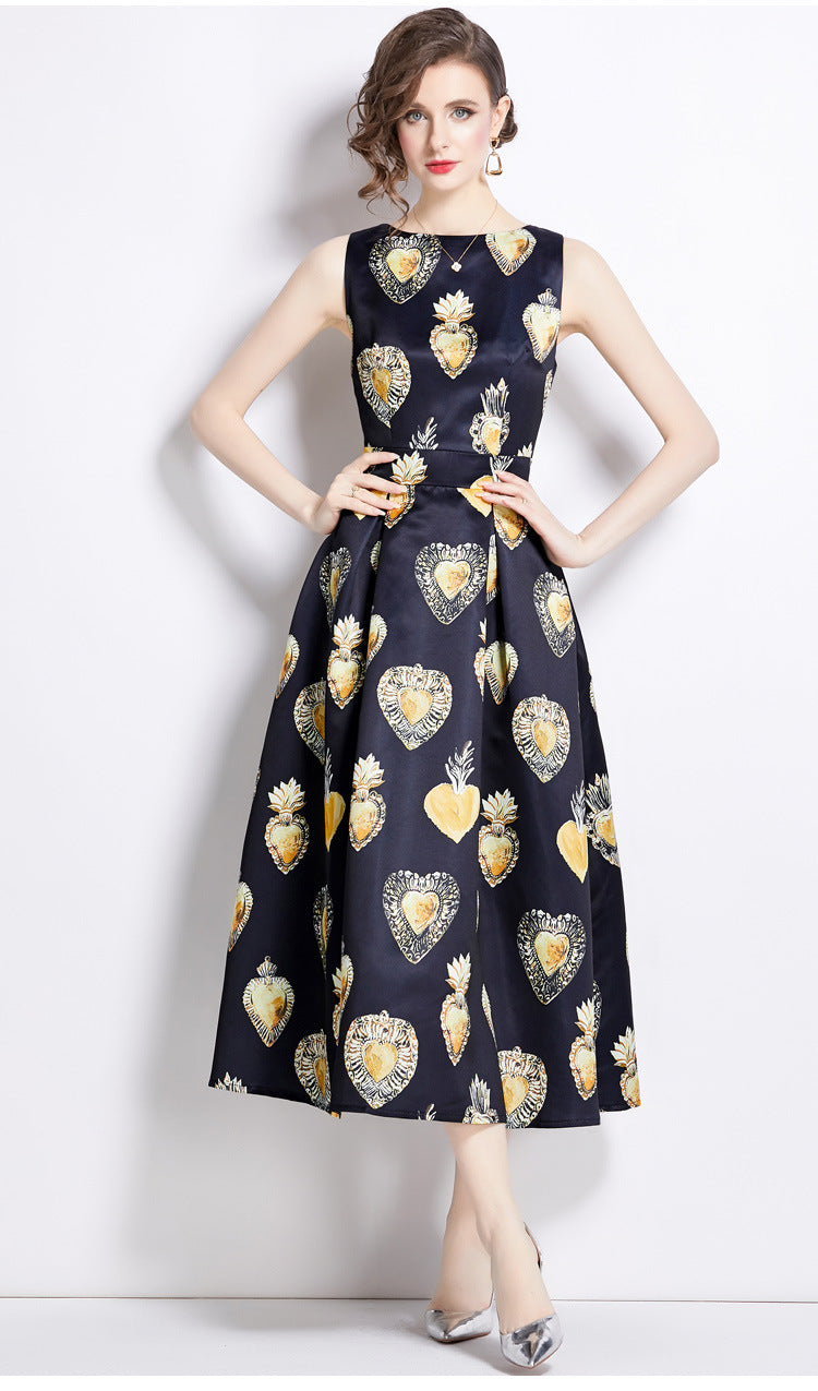 Sleeveless Boat Neck Fitted Vest Box Pleated Skirt Printed Satin Dress - NRJ -701-B#6650