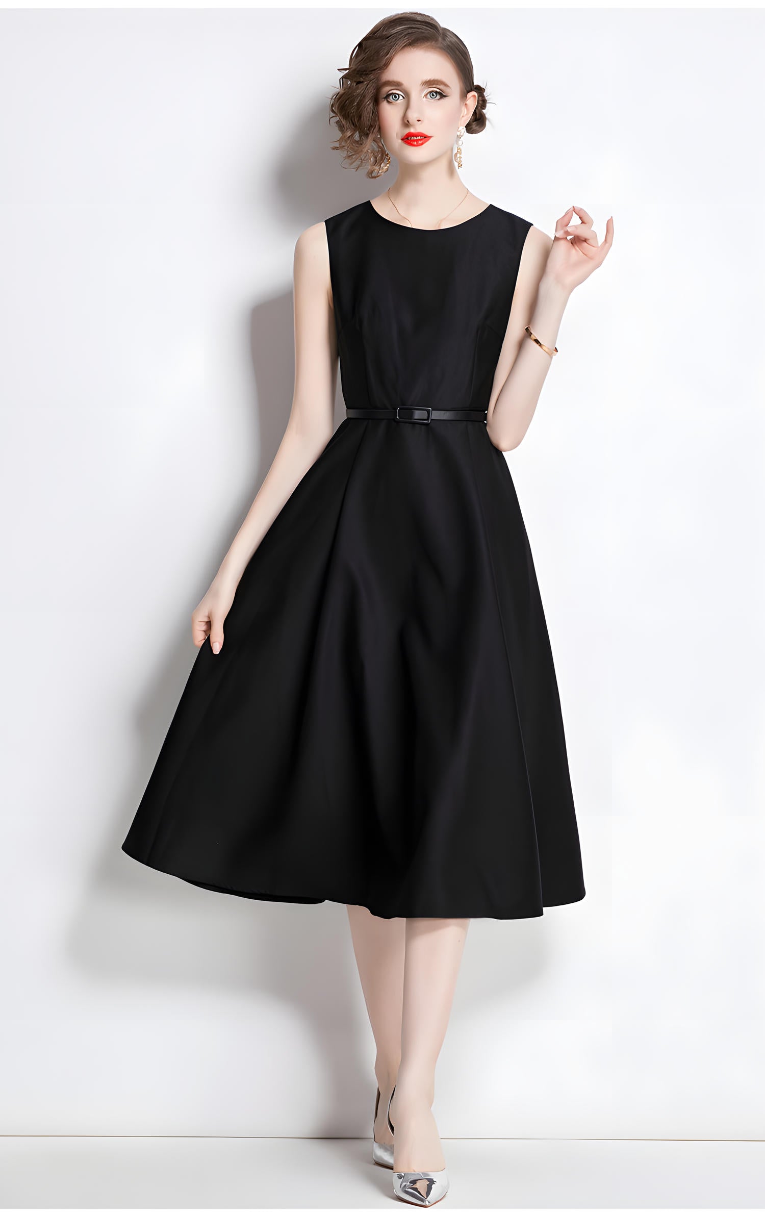 Princess Line Fitted Vest Black Sleeveless Satin Dress - 764176878578_BAS