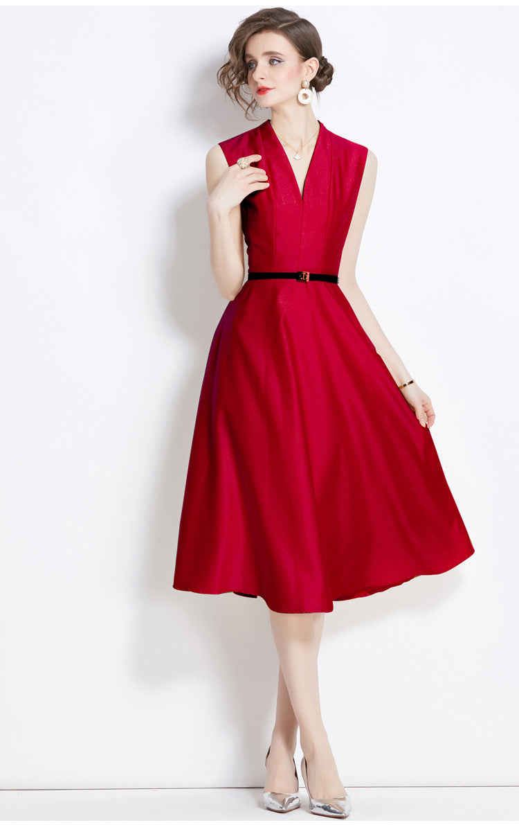 Sleeveless Halter Neck Fitted Vest Satin Solid Scarlet Dress With Belt - 5801#701_RED