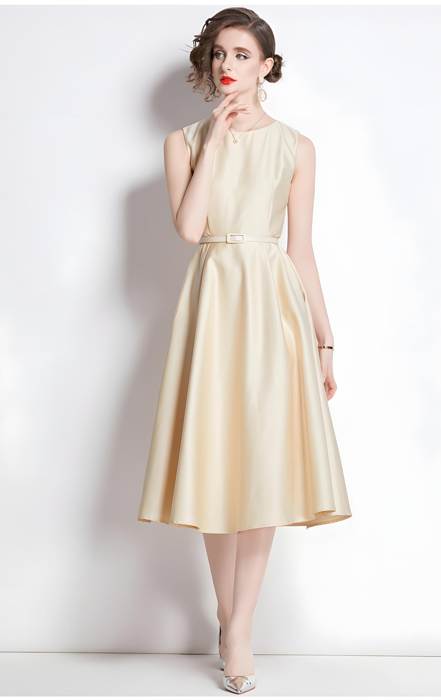 Princess Line Fitted Vest Apricot Sleeveless Satin Dress - 764153345733_BAS