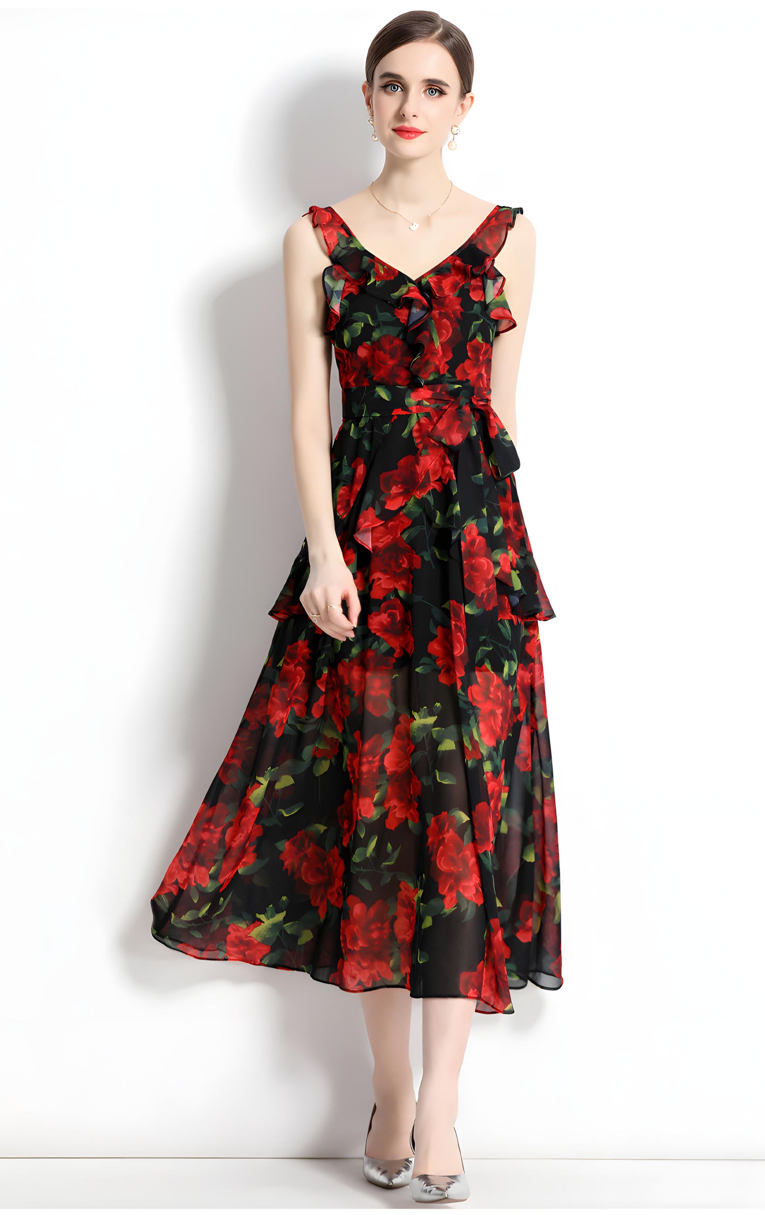 Printed Chiffon Floral Long Skirt Beach Vacation Suspender Dress With Wrap Up Belt - 715132626392_BAS