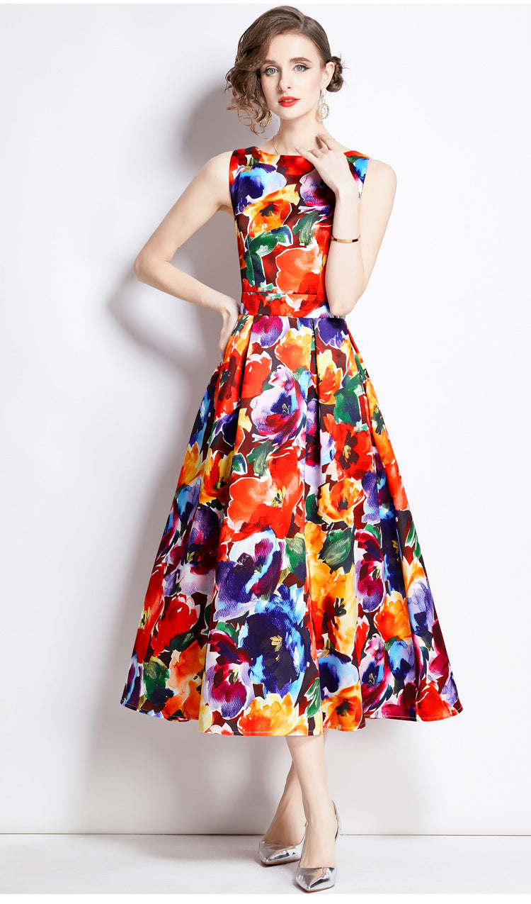 Sleeveless Boat Neck Fitted Vest Box Pleated Skirt Printed Satin Dress - 892#701