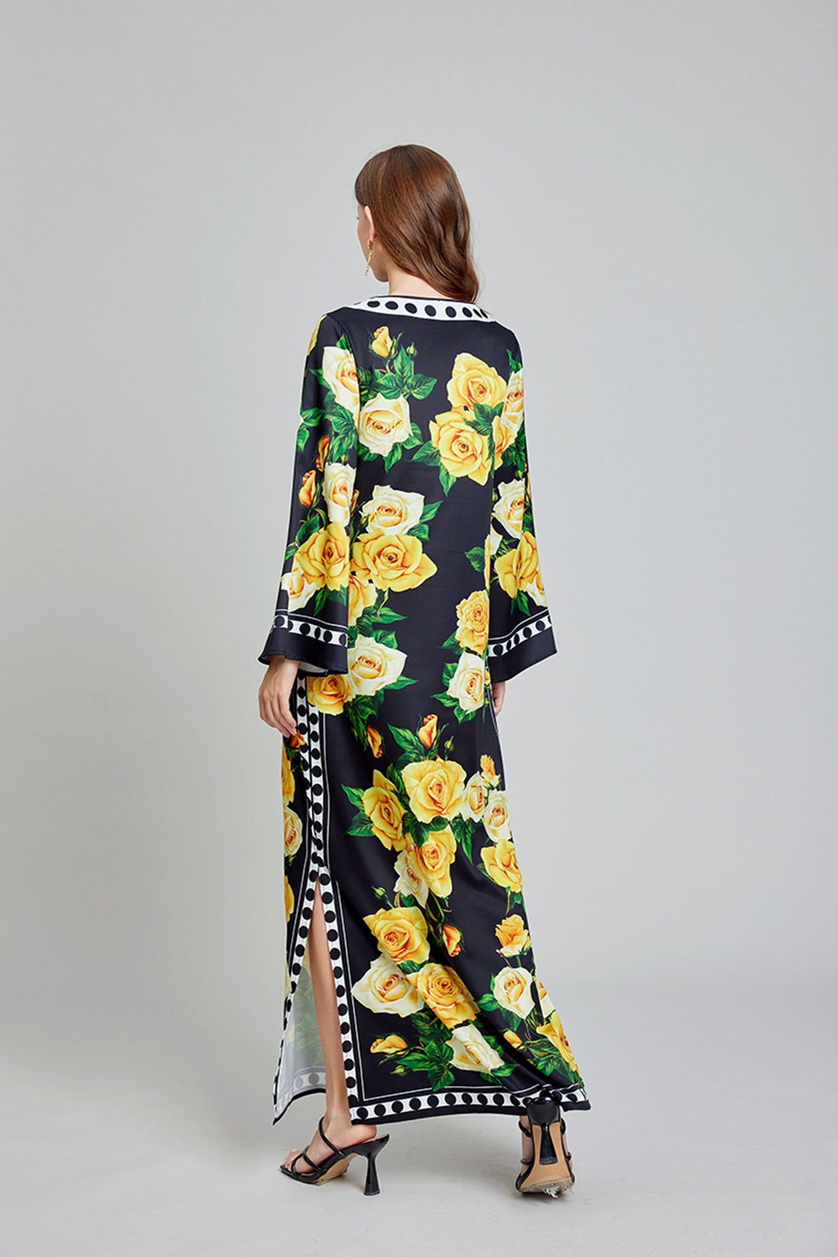 Golden Bloom Kaftan Yellow Dress with Vibrant Yellow Rose Floral Pattern - 818939592219_YEL