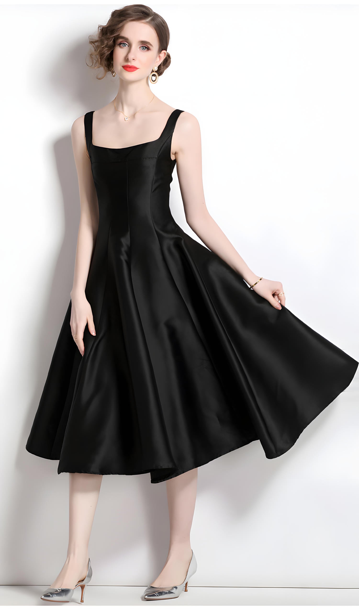 Retro Style Hepburn Skirt Fitted Vest Suspender Black Satin Dress - 709216290151_BAS (EOSS)