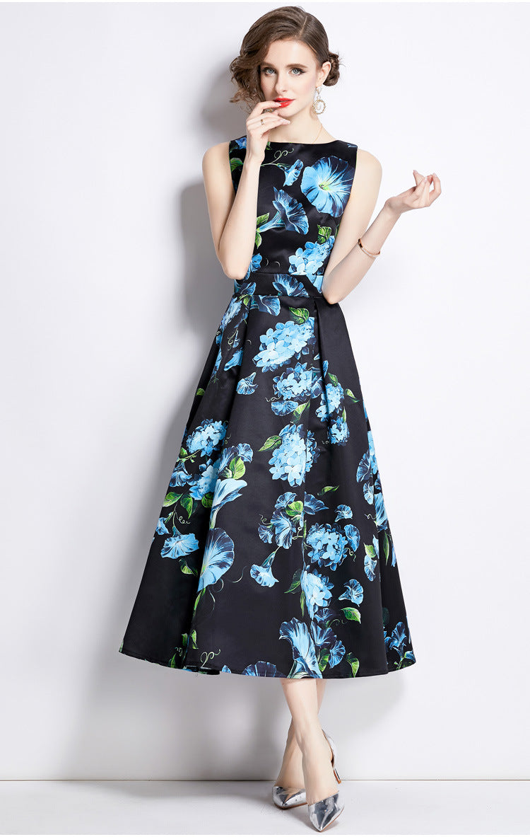 Sleeveless Boat Neck Fitted Vest Box Pleated Skirt Printed Satin Dress - 895#701