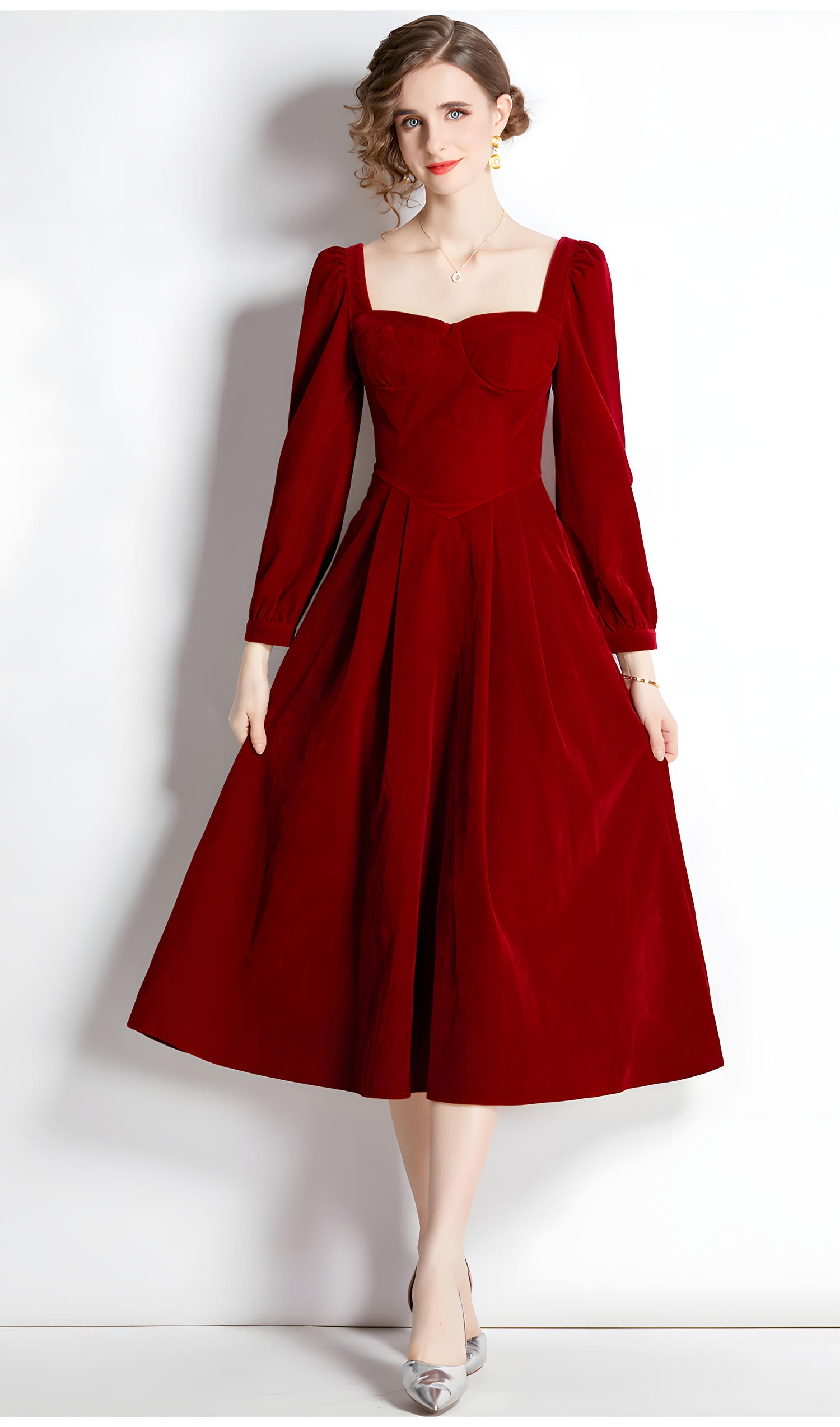 French Retro Sweetheart Neckline Corset Top Full Sleeves Pleated Skirt Velvet Scarlet Dress - 687113837683_SCA