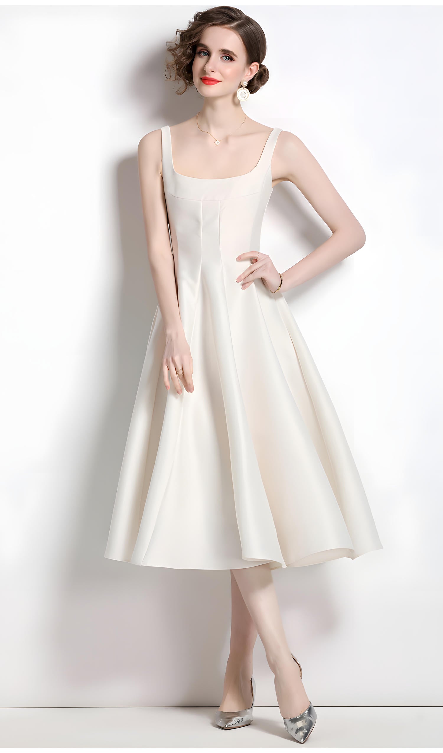 Retro Style Hepburn Skirt Fitted Vest Suspender White Satin Dress - 709210134751_BAS