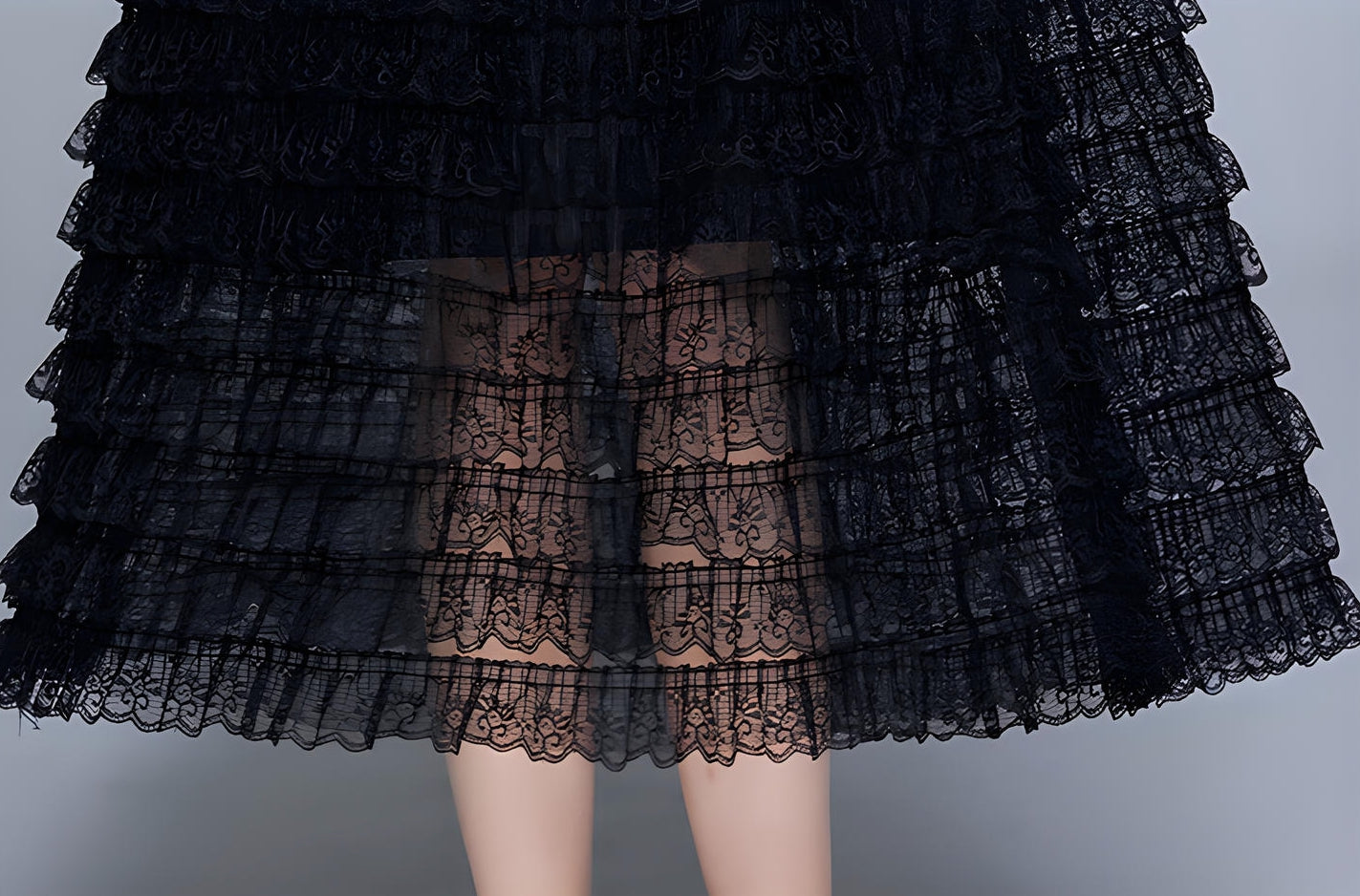 High Neck Polka Dot Mesh Multitier Skirt Elasticated Waist  Full Sleeve Black Dress With Satin Belt - 637810172088_BAS