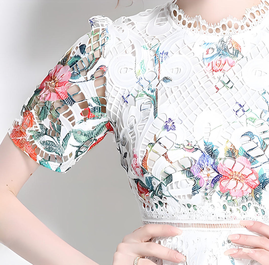 Printed Flower French Lace Jewel Neckline Dress - 802164123981_BAS