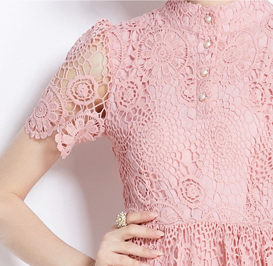 Luxury French Lace High Neck Front Button Pink Dress With Belt - 500#609_PIN