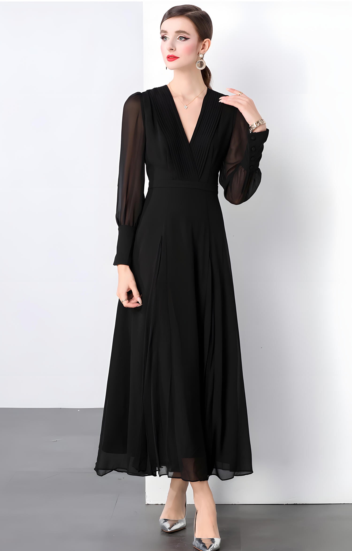 Lantern Sleeve Chiffon Dress with Pleated Bust and Box Pleat Skirt - 833900044434_BLA