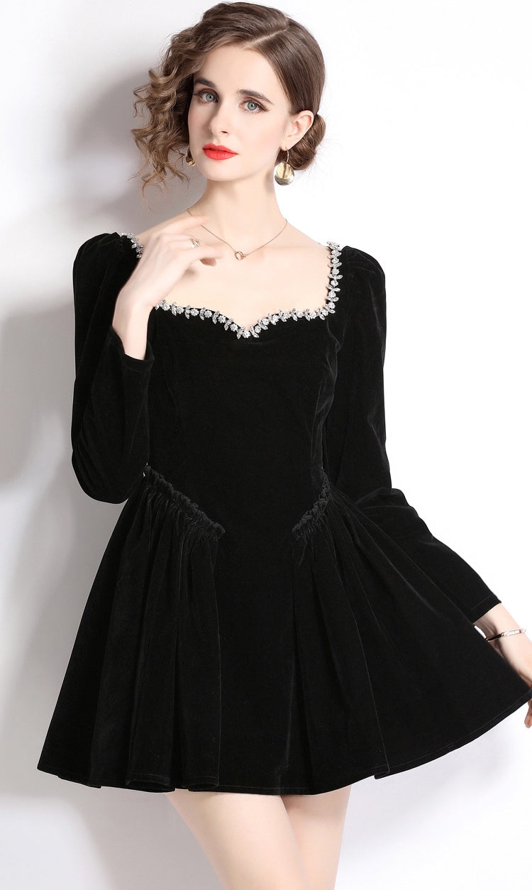 Black Short Velvet Dress With Ruched Waist And Jewelled Sweetheart Neckline - 735628352228_BLA