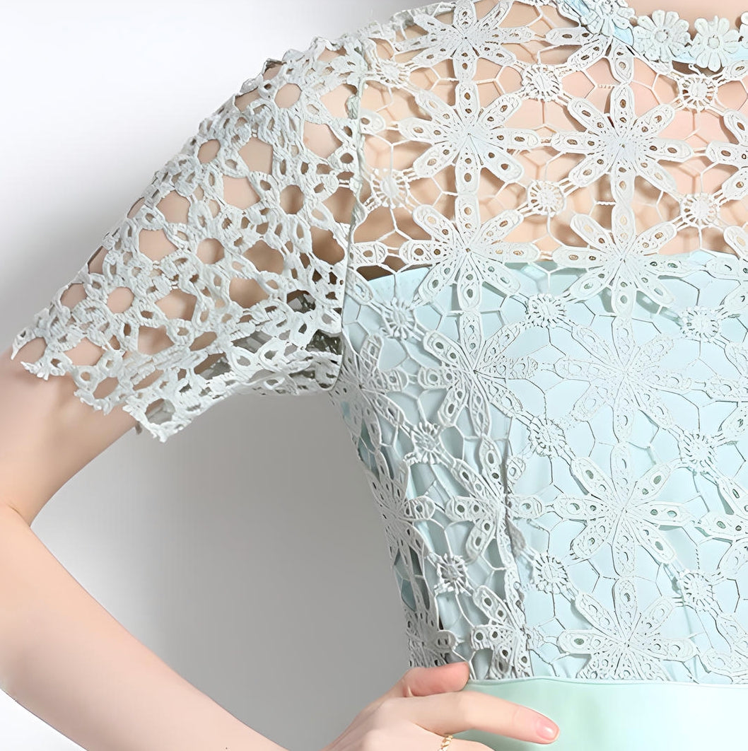 French Crocheted Lace Round Neck A - Line Aqua Green Dress - 332#609