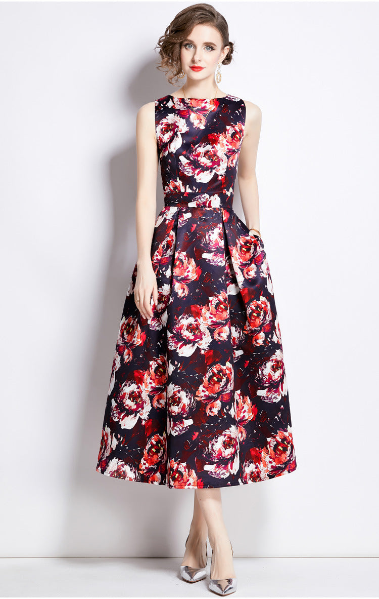 Sleeveless Boat Neck Fitted Vest Box Pleated Skirt Printed Satin Dress - 898#701