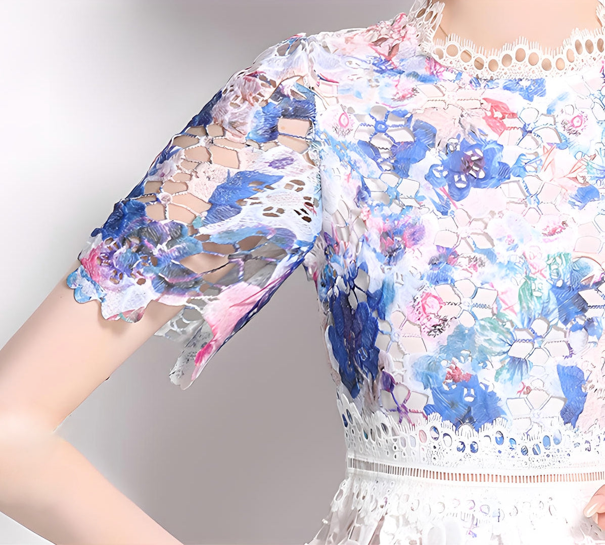 Printed Flower French Lace Jewel Neckline Dress - 800157056483_BAS