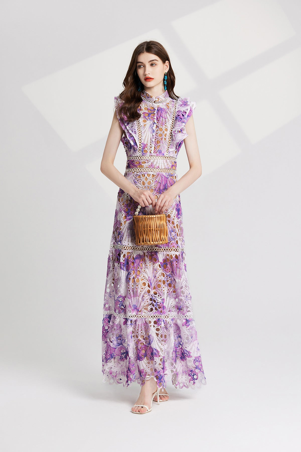 Luxury French Lace Purple Long Dress With Flutter Sleeve - 827491131616_PUR
