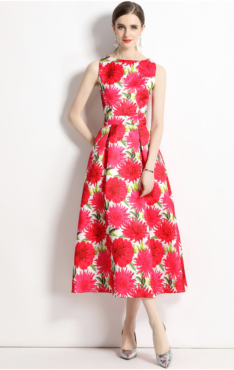 Sleeveless Boat Neck Fitted Vest Box Pleated Skirt Printed Satin Dress - 9006#701_BAS