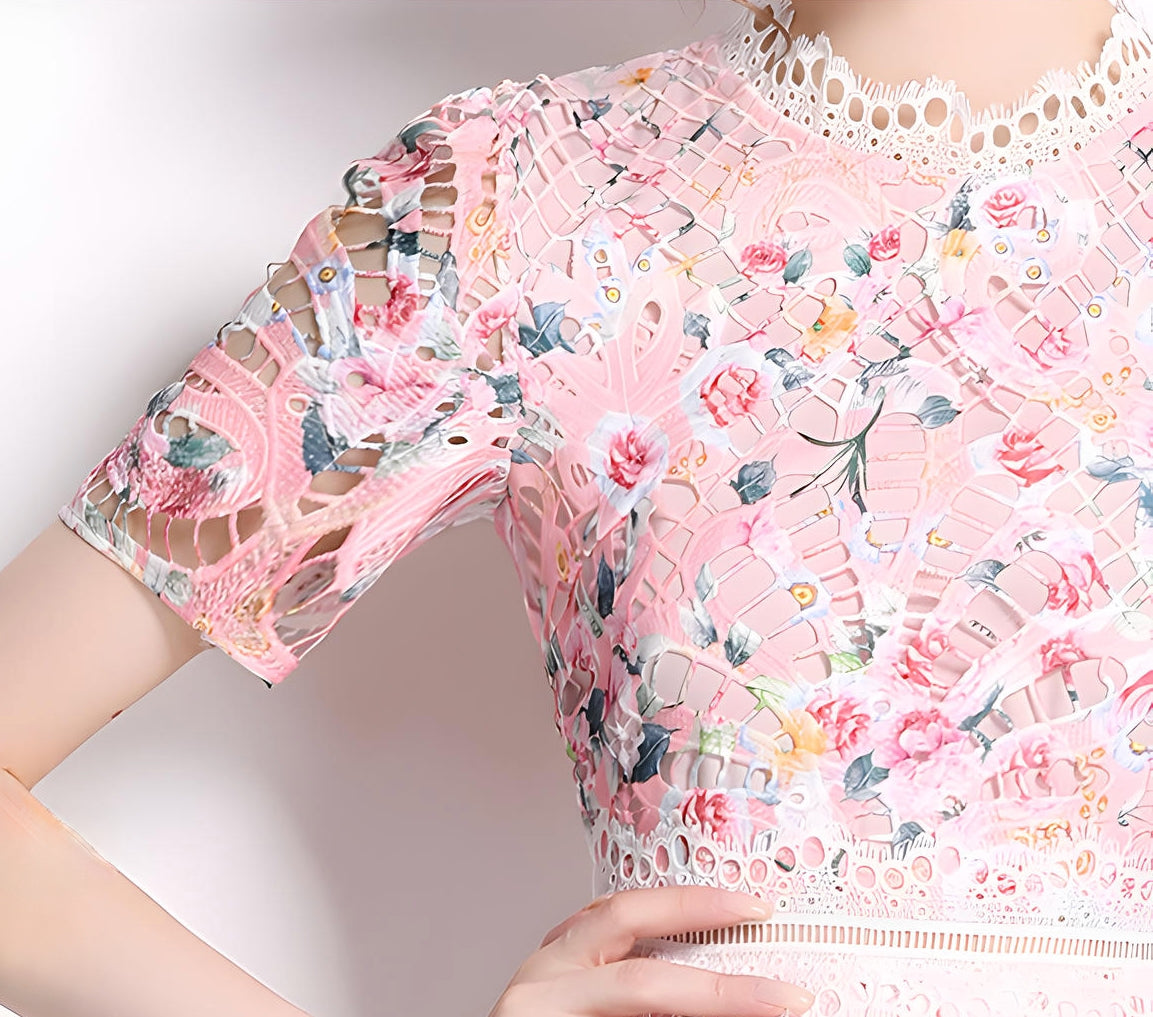 Printed Flower French Lace Jewel Neckline Dress - 802268282091_BAS