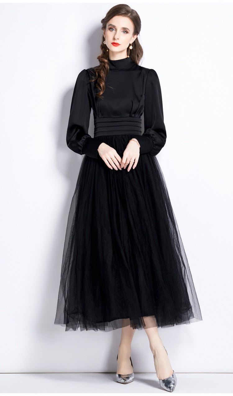 Stand Collar Pleated Vest Satin Blouse Mesh Skirt One Piece Black Dress - 741913477593_BAS