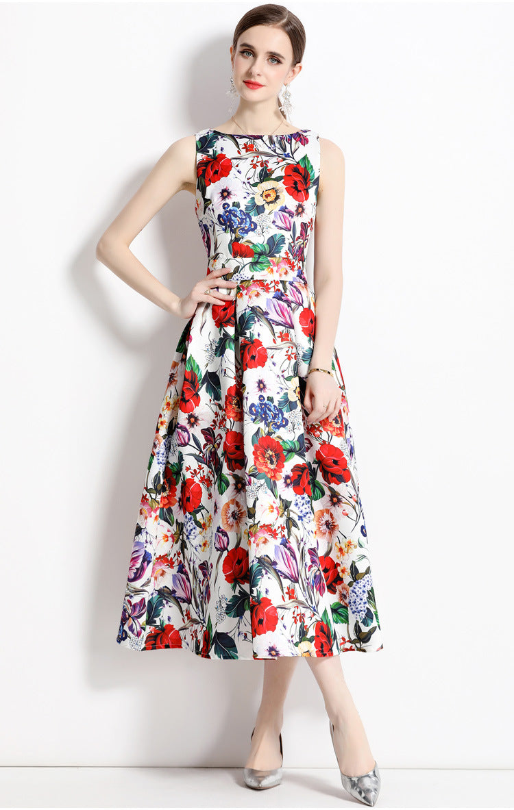 Sleeveless Boat Neck Fitted Vest Box Pleated Skirt Printed Satin Dress - 710550577474_BAS