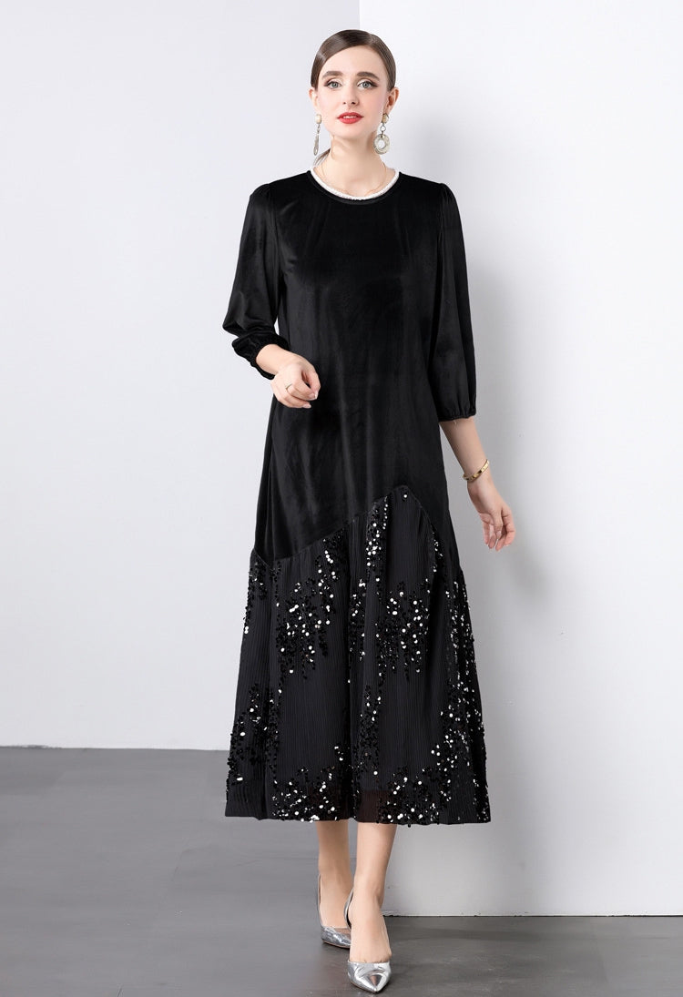 Velvet Mesh and Sequin Embellished Dress - 855932949530_BLACK
