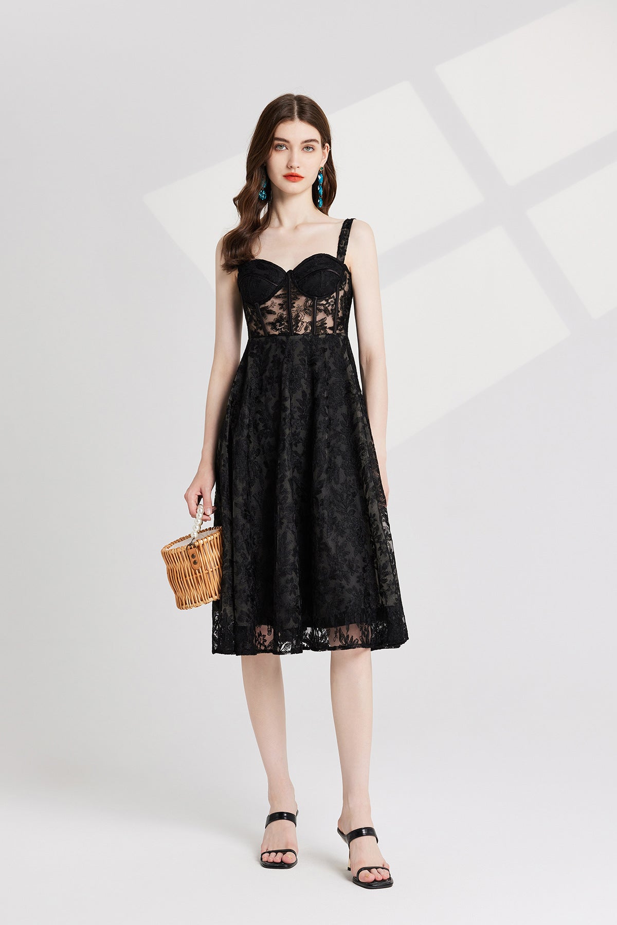Black Lace Garden Dress with Heavy Embroidered Mesh Flocking and Corset Top - 821764686977_BLA