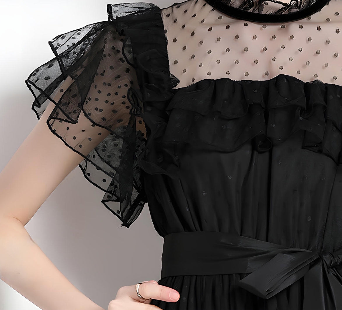 High Neck Polka Dot Mesh Multitier Skirt Elasticated Waist Butterfly Sleeve Black Dress With Satin Belt - 716644450507_BAS