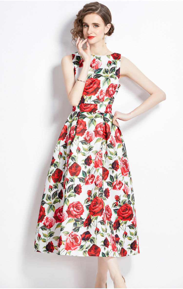 Sleeveless Boat Neck Fitted Vest Box Pleated Skirt Printed Satin Dress - 9054#701_BAS