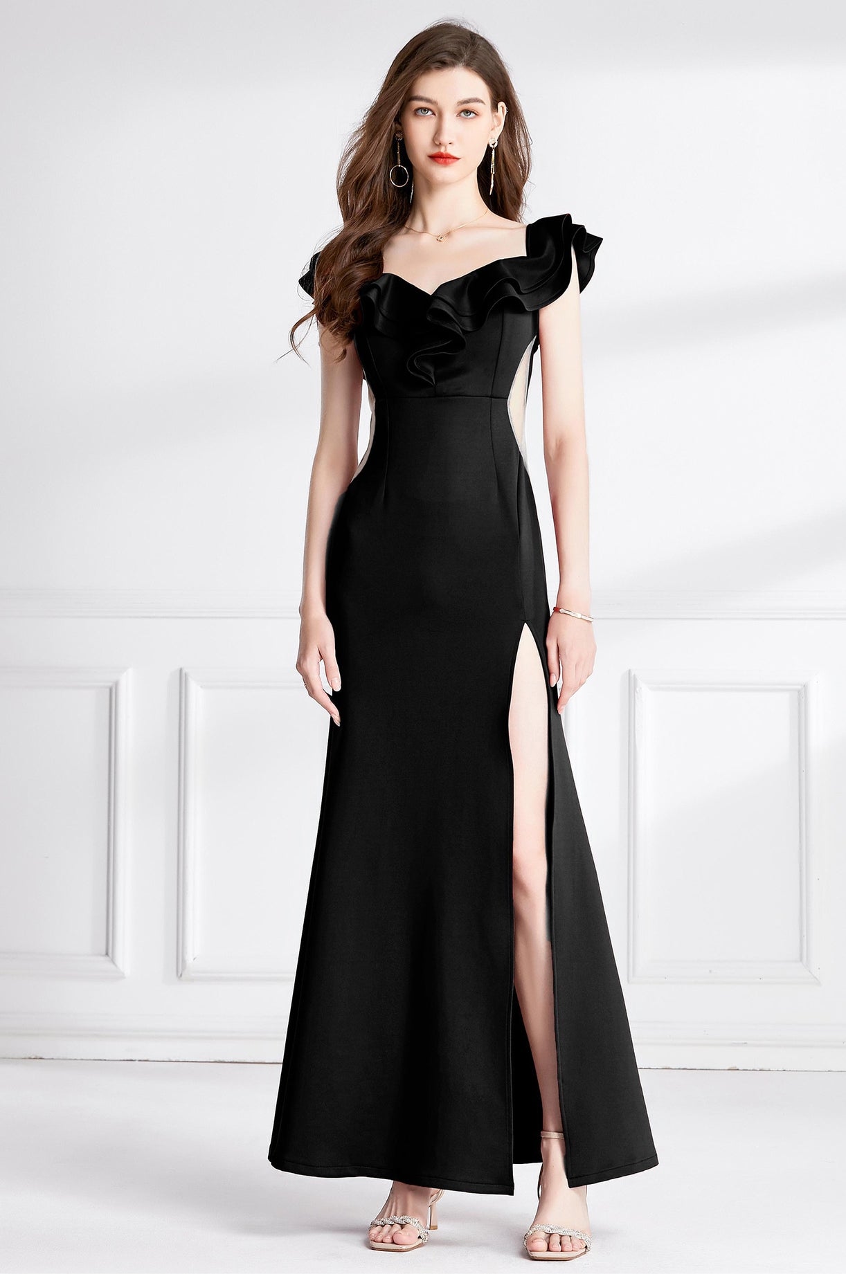 Fishtail Off-Shoulder Black Party Gown with Sheer Tulle Waist and Thigh-High Slit - 745925150055_BLA