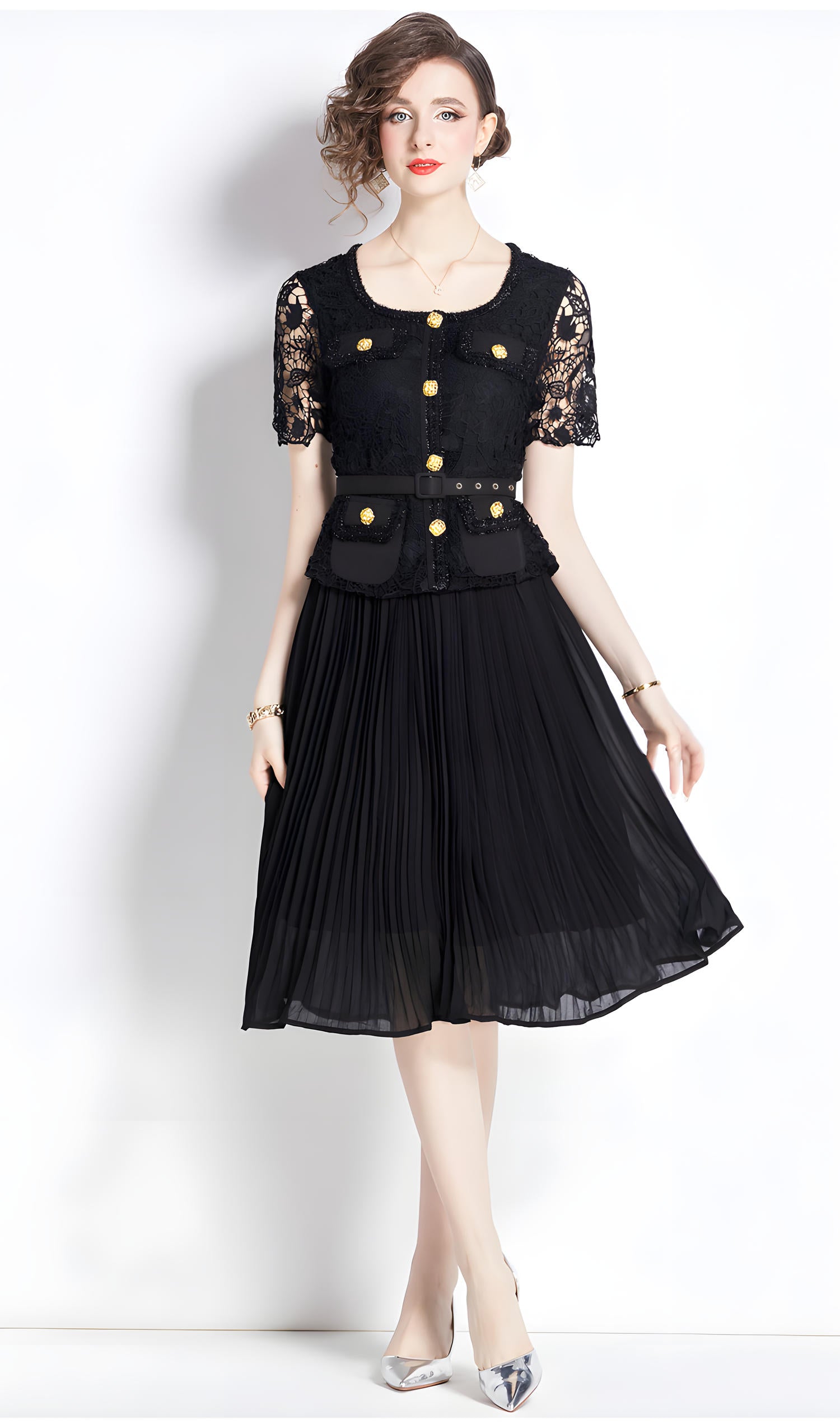 French Lace Jacket Top Pleated Skirt Black Dress With Belt - 781984834483_BAS