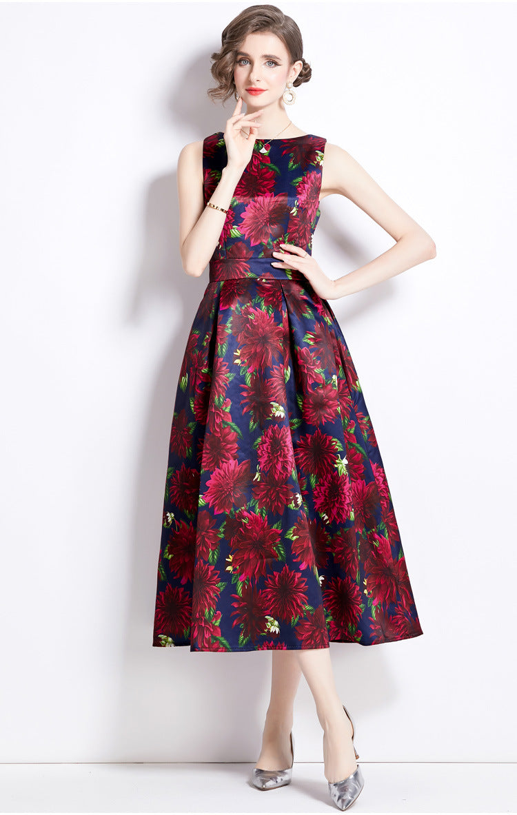 Sleeveless Boat Neck Fitted Vest Box Pleated Skirt Printed Satin Dress - 859#701