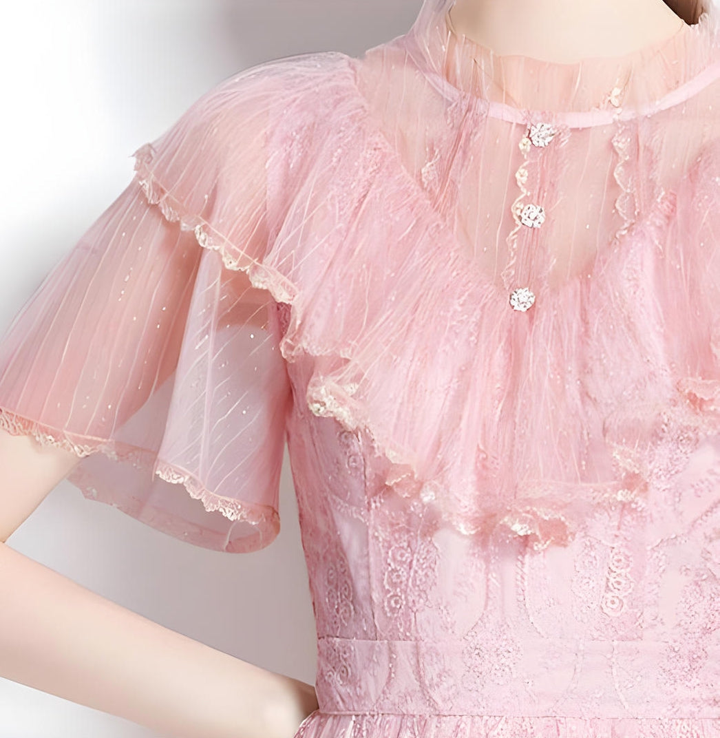 Embroidered French Lace Ruffled Vest High Neck Soft Pink Neck Dress - 728916375940_BAS