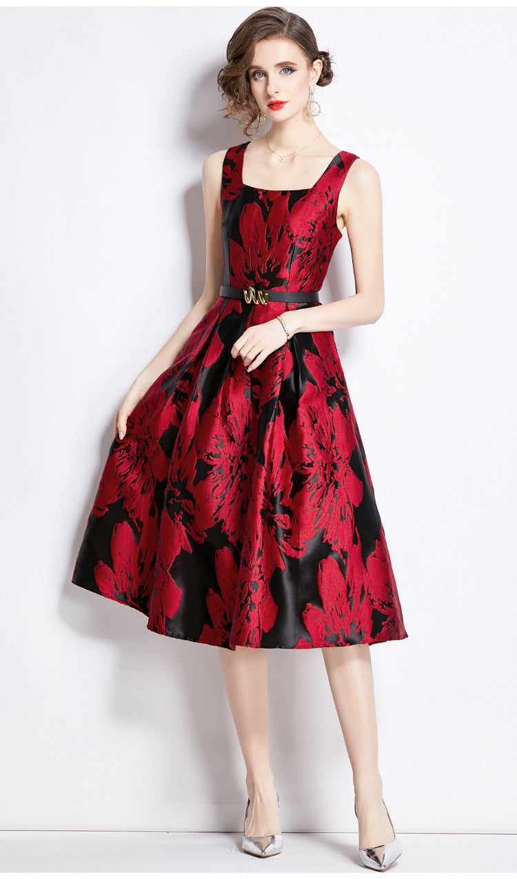 Women Sleeveless Square Neck Self Texture Jacquard Pleated Fitted Dress - 764053260724 (EOSS)