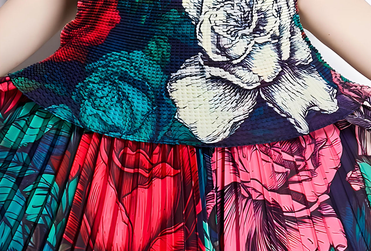 Floral Symphony Miyaki Fold Blouse Pleated Skirt Two Piece Chiffon Set - 777097211005_BAS