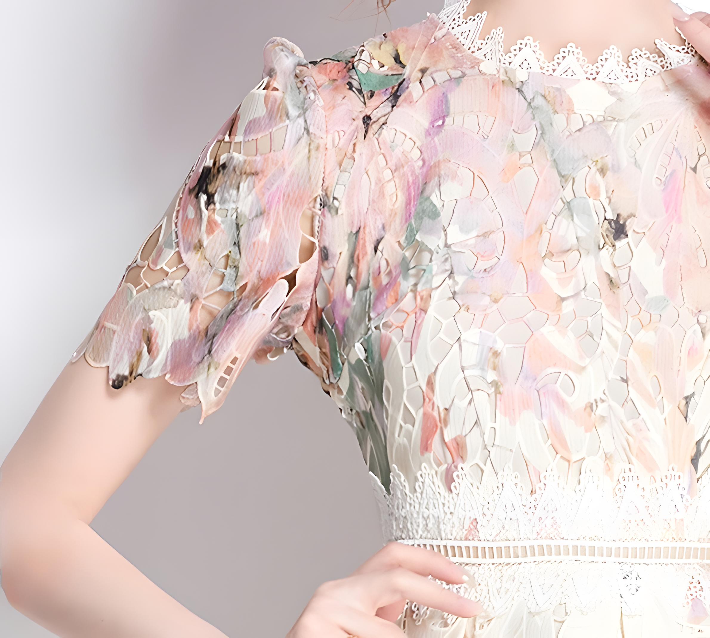 French Printed Flower Lace Jewel Neckline Retro Dress - 795247212577_BAS