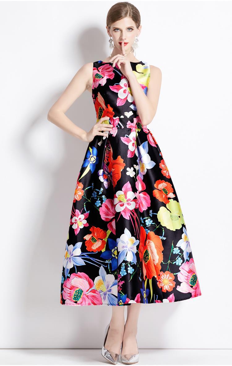 Sleeveless Boat Neck Fitted Vest Box Pleated Skirt Printed Satin Dress - 9084#701