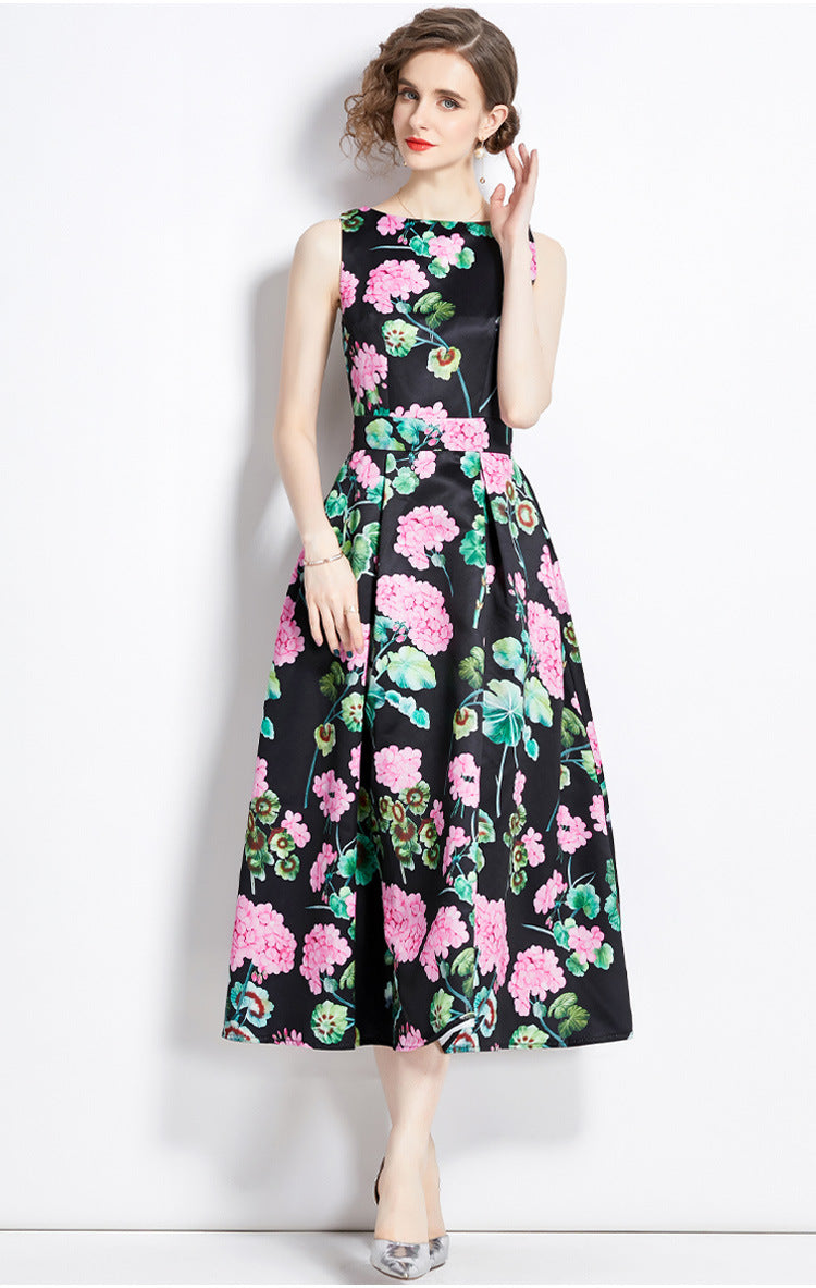 Sleeveless Boat Neck Fitted Vest Box Pleated Skirt Printed Satin Dress - 9055#701_BAS