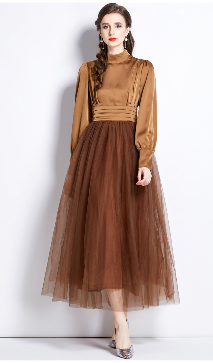Stand Collar Pleated Vest Satin Blouse Mesh Skirt One Piece Russet Color Dress - 742117387610_BAS
