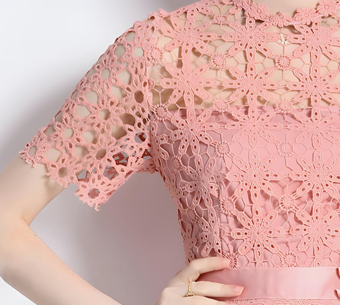 French Crocheted Lace Round Neck A - Line Peach Dress - 331#609