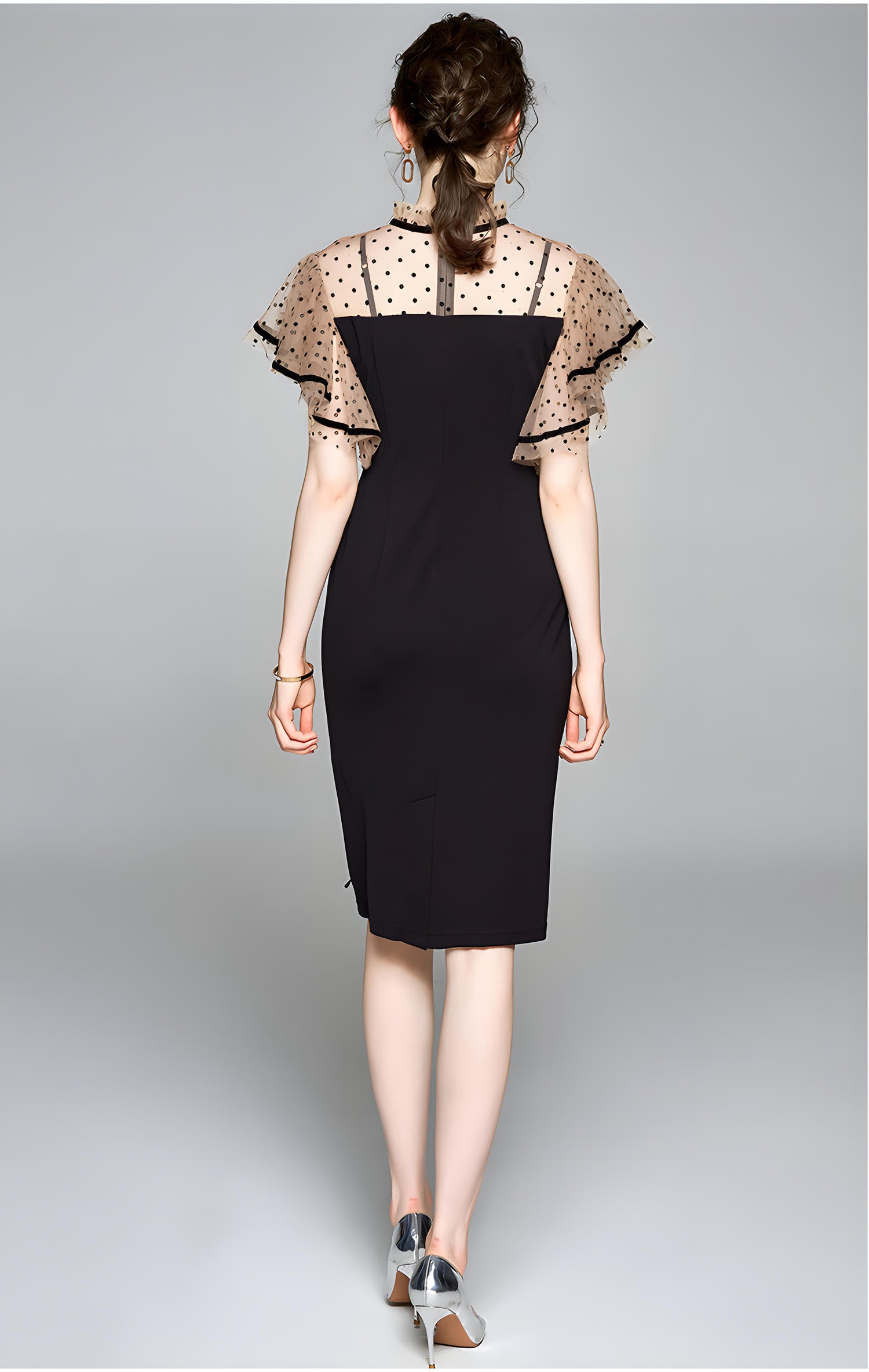 Butterfly Sleeve Satin Neck Bow Tie High Neck Polka Dot Mesh Black Sheath Dress - 618102369324_BAS