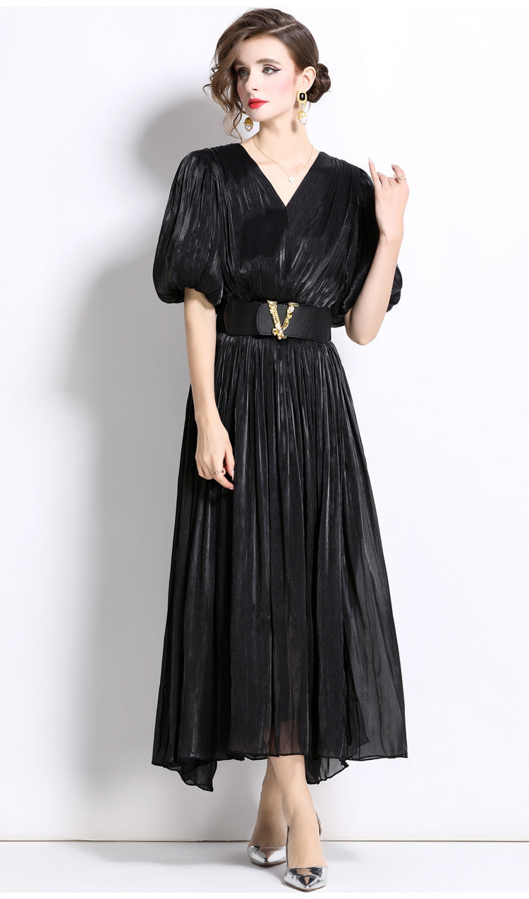 Glossy Pearlescent Chiffon Satin Fabric Lantern Sleeve Black Dress with Belt - 826775506420_BAS