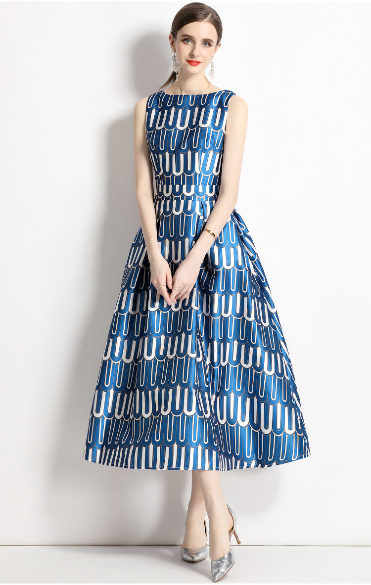 Sleeveless Boat Neck Fitted Vest Box Pleated Skirt Printed Satin Dress - 9015#701_BAS