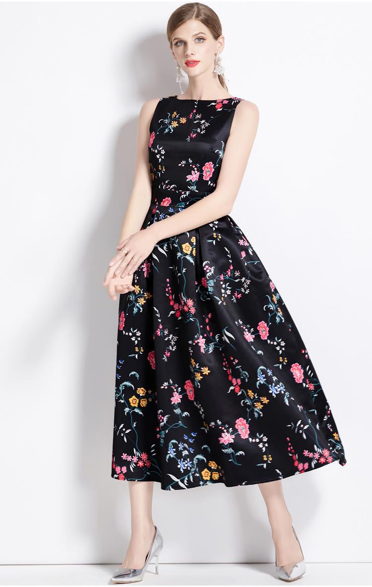 Sleeveless Boat Neck Fitted Vest Box Pleated Skirt Printed Satin Dress - 9088#701