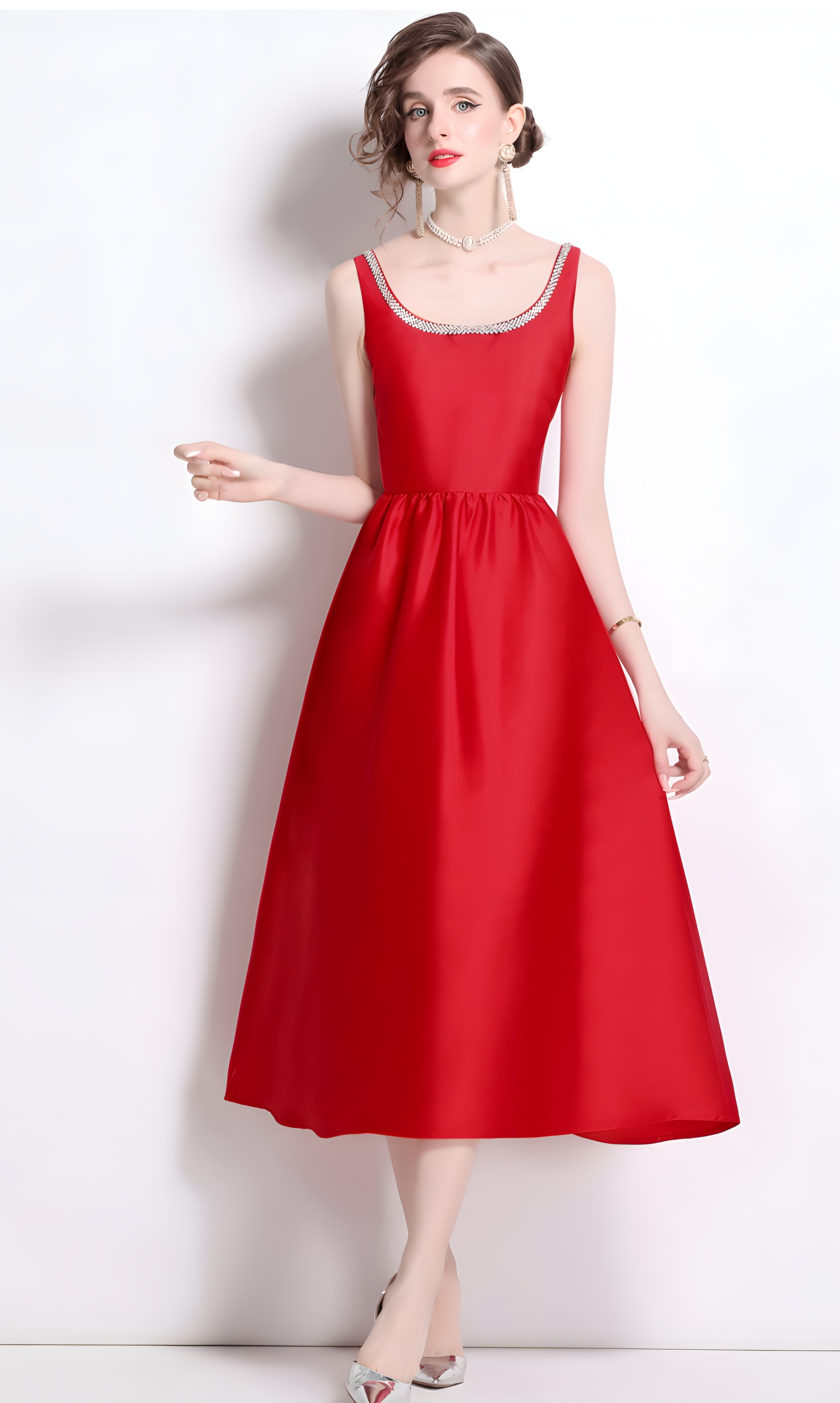 Fitted Vest Armhole Dart Red Satin Dress With Jewel Embellished Neckline - 816757242555_BAS
